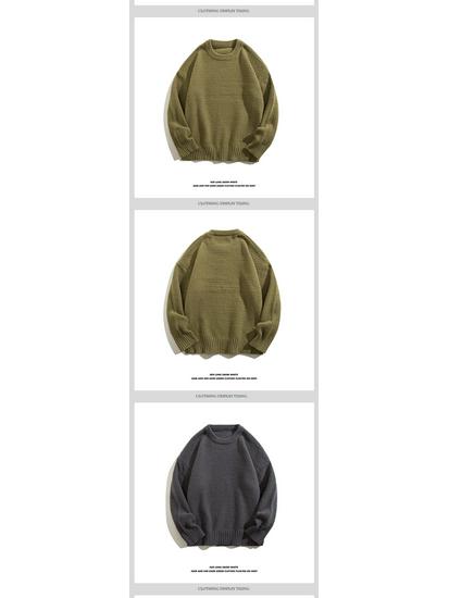 Heavyweight Cotton Yarn Pineapple Stitch Knit Casual Loose Round Neck Pullover Sweater