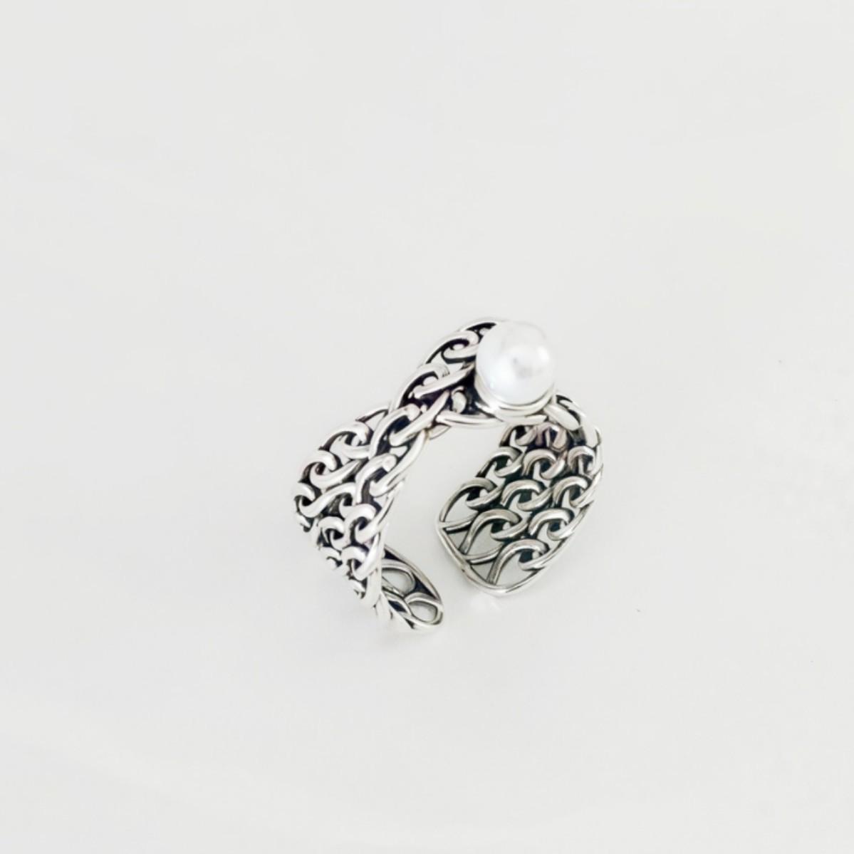 Korean Style Adjustable Woven Mesh Pearl Personality Ring античный серебряного