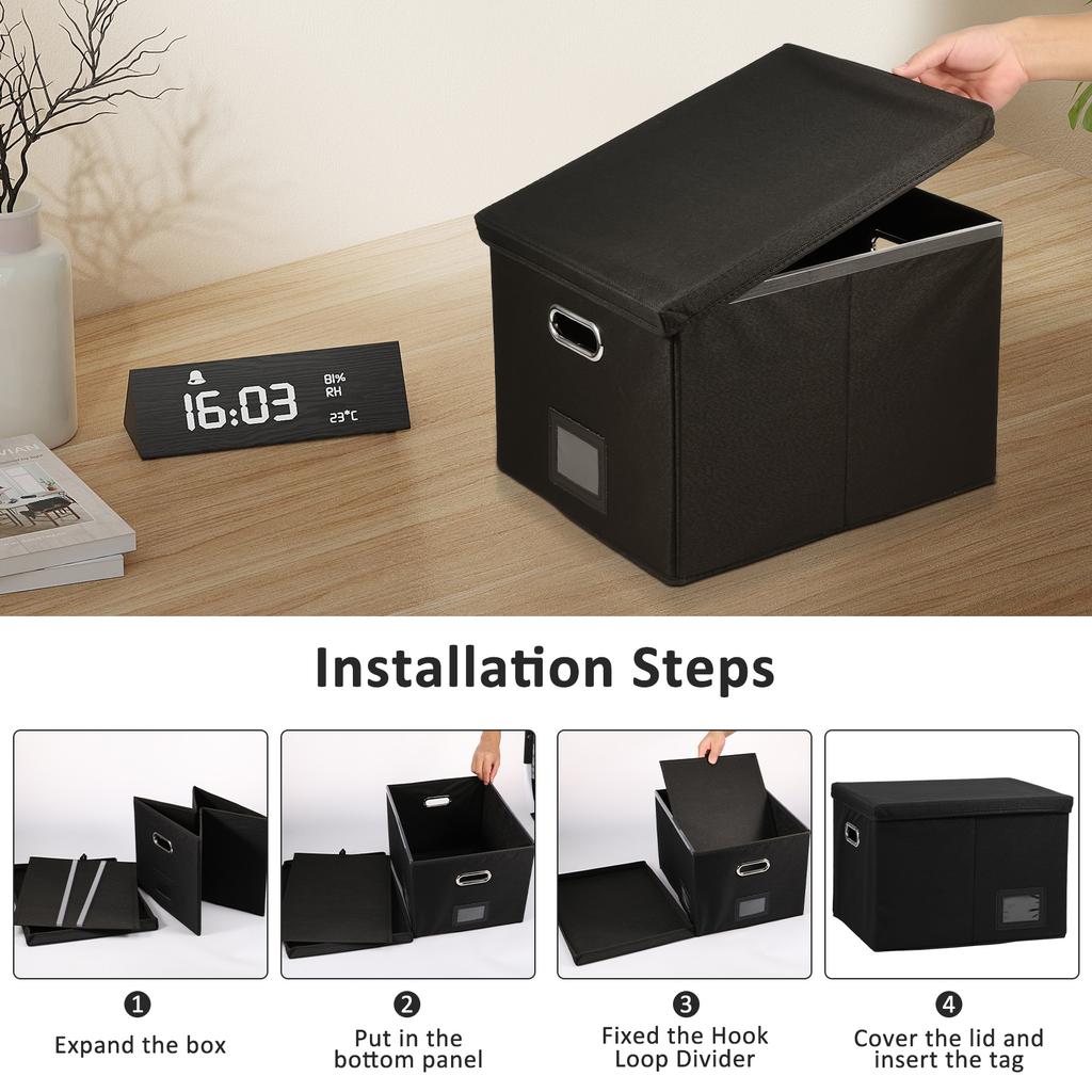 Foldable Hanging File Filing Box with Label Slot Fabric File Folder Organizer Box Portable Vinyl File Organizer Box with Lid