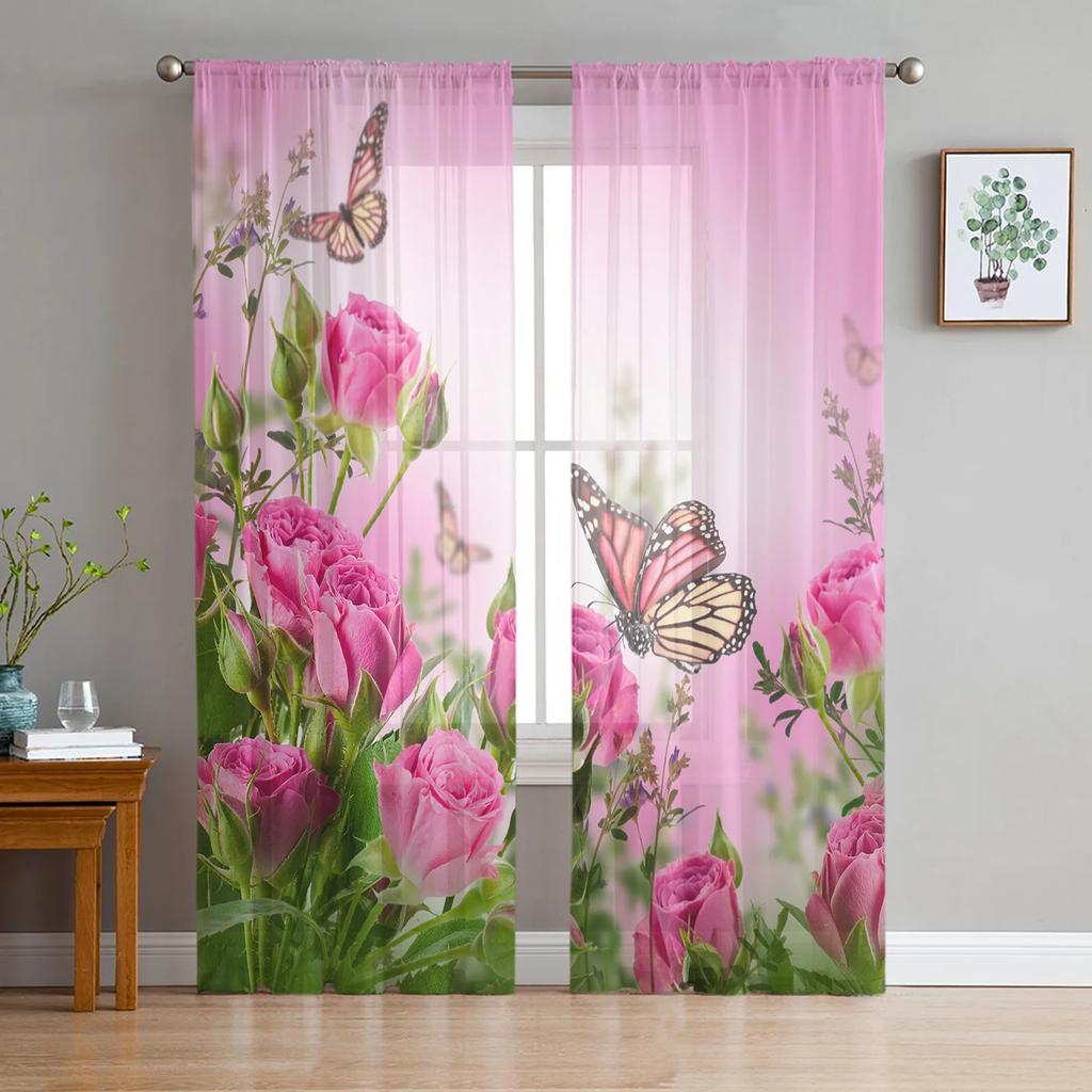 Animal Butterfly Flower Blue Rose Water Waves Tulle Translucent Drapes for Living Room Bedroom Space Window Opening Drape Voile Organza Curtains