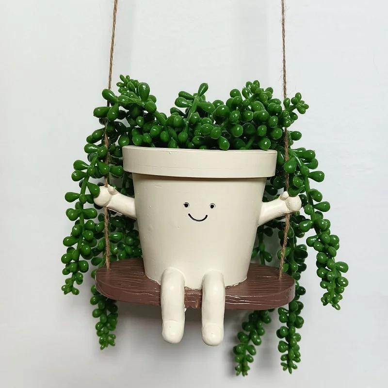 Plant Hanger Basket Lovely Swing Face Planter Pot Resin Smiling Face Planter Creative Wall Hanging Planter Decor Garden Supplies