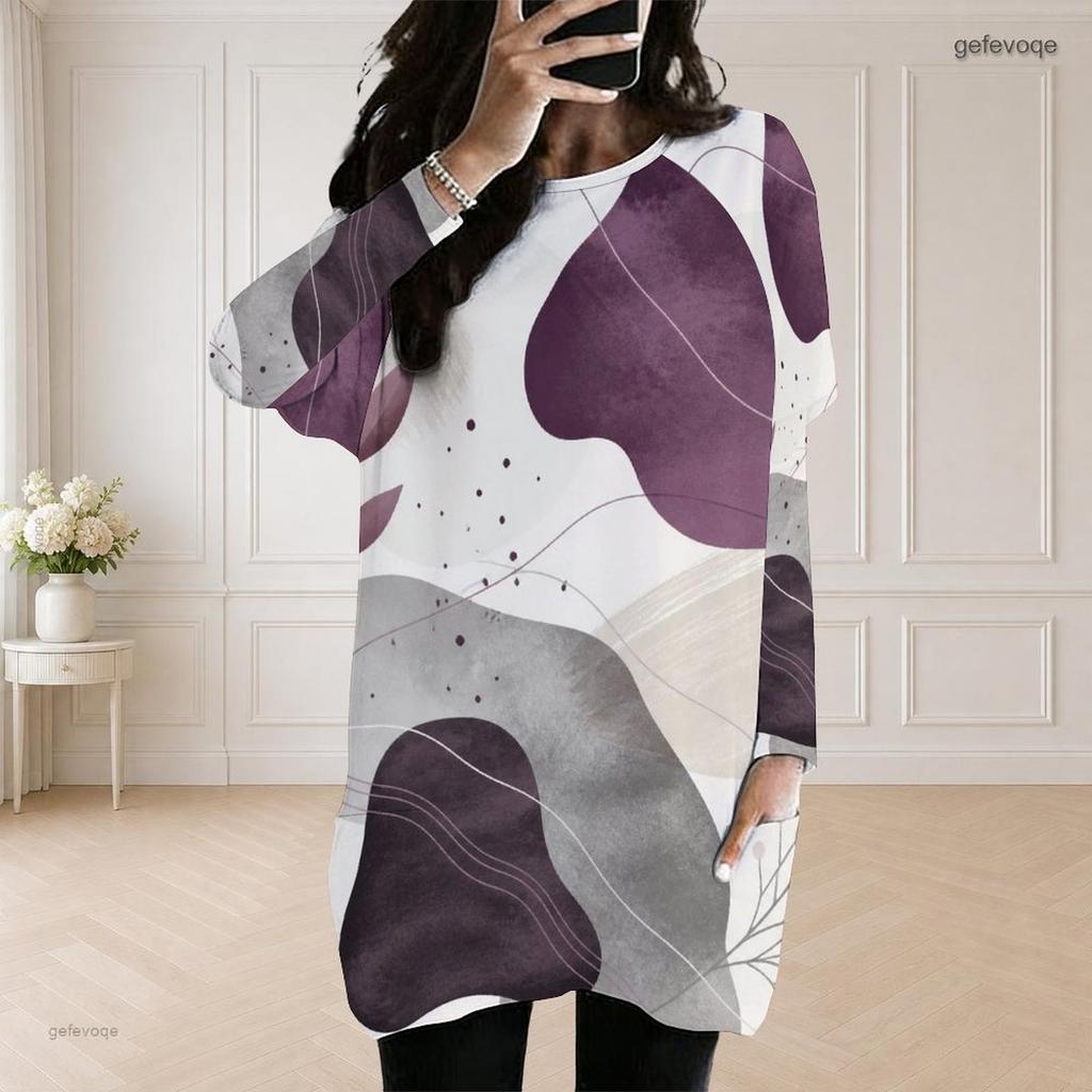 Women Plus Size Round Neck Long Sleeve Abstract Printed Loose Longline Top With Pockets