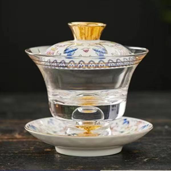 Enamel Colored Glass Gaiwan Puer Tea Bowls Crystal Tea Bowl Tureen Lid Bowl Lotus Hand Drawing Gaiwan for Travel Gai Wan Cup Set