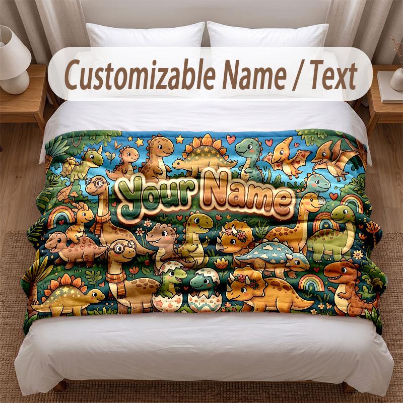 Dinosaur Theme Soft Blanket Personalized Custom Name Text Print Warm Blanket Home Sofa Bedroom Decor