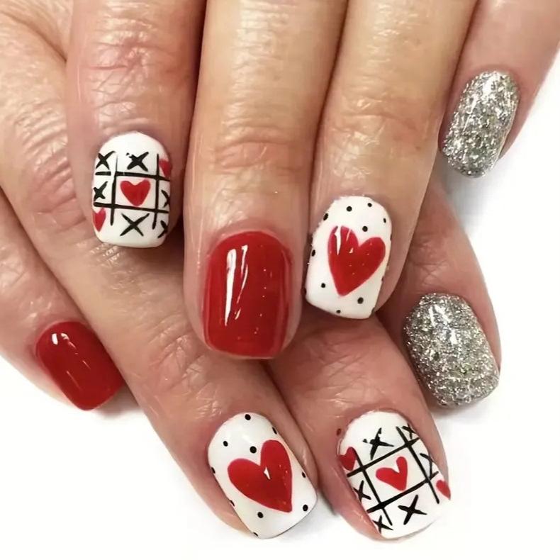 

24-Piece Heart Glitter Polka Dot Press-On Nail Set Yellow Jelly Glue + File (Temu/Tiktok, etc.)