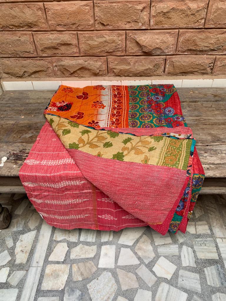 Hand Stitched Kantha Quilt: Recycled Sari Blanket, Bohemian Throw