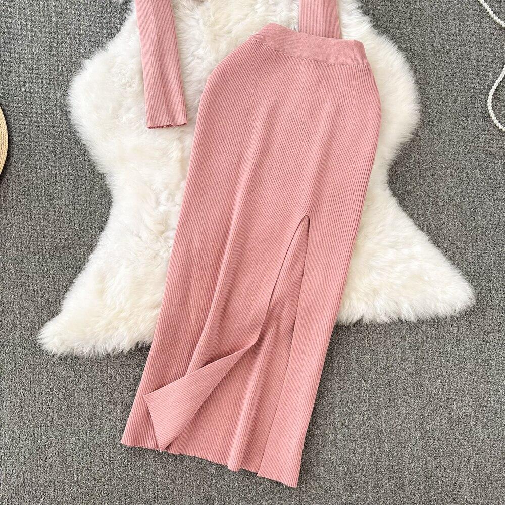 Retro Módní Oblek Spice Spice Styl Kulatý Výstřih Krátký Top + Sukně z Úpletu s Vysokým Pasem a Rozparkem Dvoudílný Set