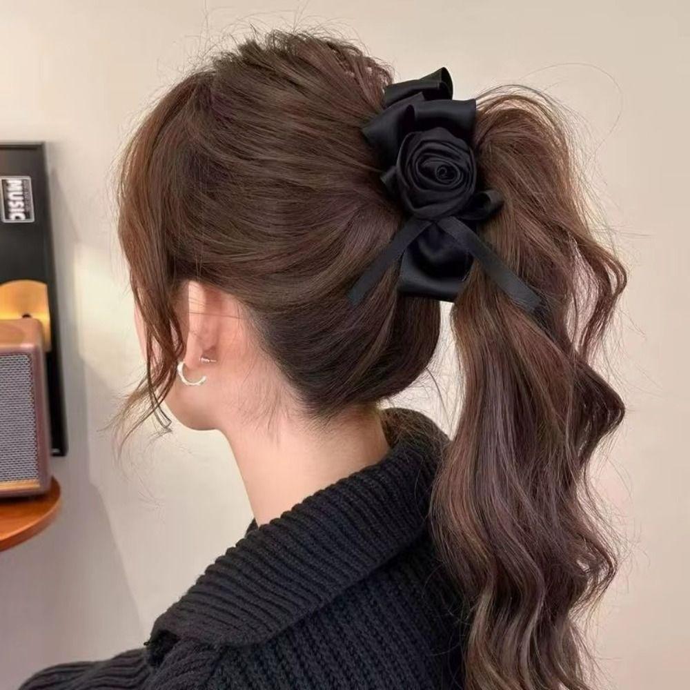 Jaw Clip Style Rose Hair Clip Satin Ribbon Ponytail Hair Claw Retro Rose Banana Clip For Women
