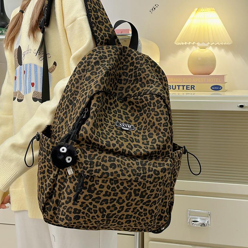 College student schoolbag female junior high school student retro leopard print backpack lightweight high school student computer travel backpack tide