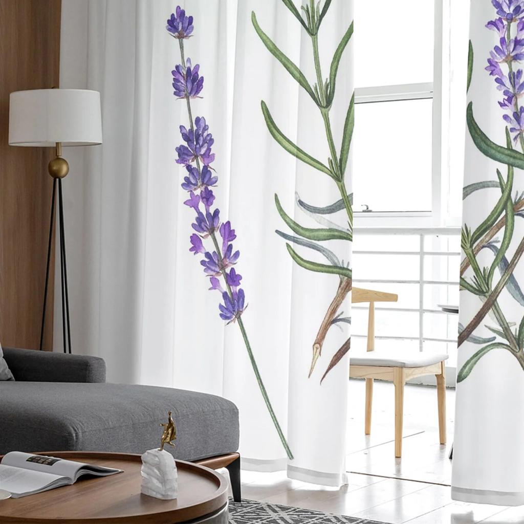 Purple Lavender Green Leaves Plant Field Window Tulle Curtains for Living Room Bedroom Hotel Luxury Decoration Sheer Curtains