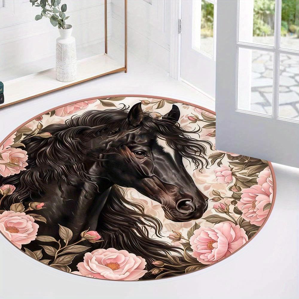 Black Horse Floral Round Rug Flancel Elegant Animal Print Floor Mat Living Room Bedroom Decor Rose Garden Soft Carpet Gift