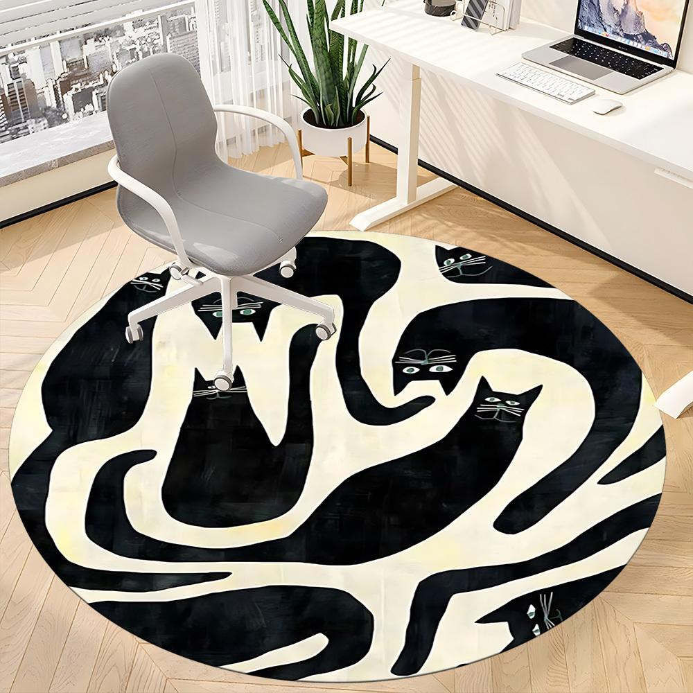 1pc Black Cats Office Round Area Rug, Indoor Mat Suitable For Office, Under Office Chairs Bedroom Living Room Home Decor, Room Deco