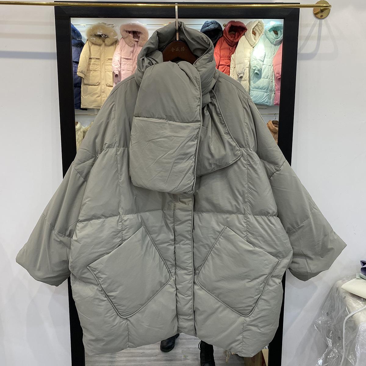 

Корейский пуховик женский средний и длинный корейский вариант свободный шарф модный белый утиный пух 2024 новое зимнее пальто