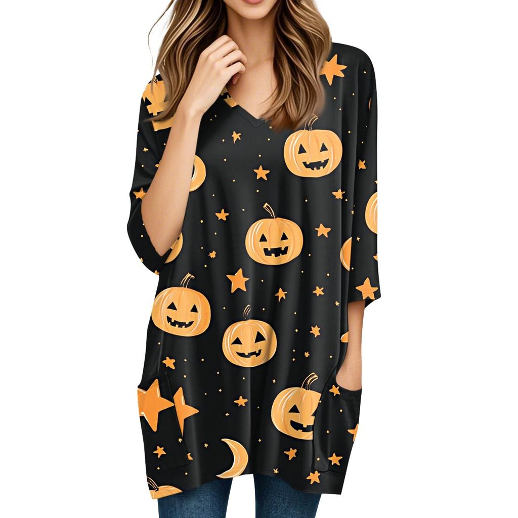 Womens Tops V-neck 3/4 Sleeve Blouses Casual Mid-length Shirts Fashion Halloween Print Tunic Tops With Pockets