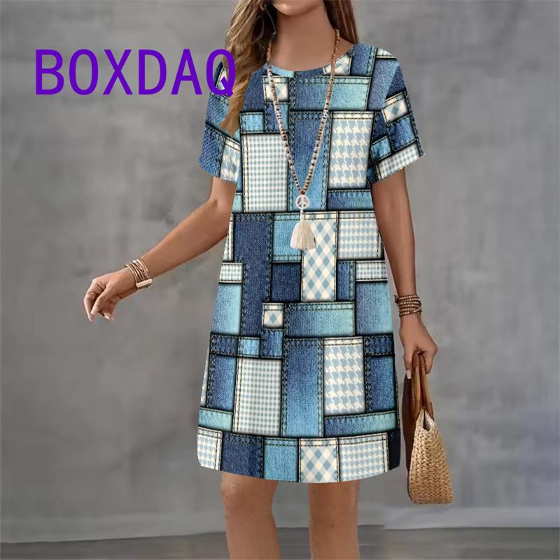Colorful Geometric Printing Women Fashion Dress Summer Short Sleeve O-Neck Loose A-Line Dress Street Female Large Size Sundress