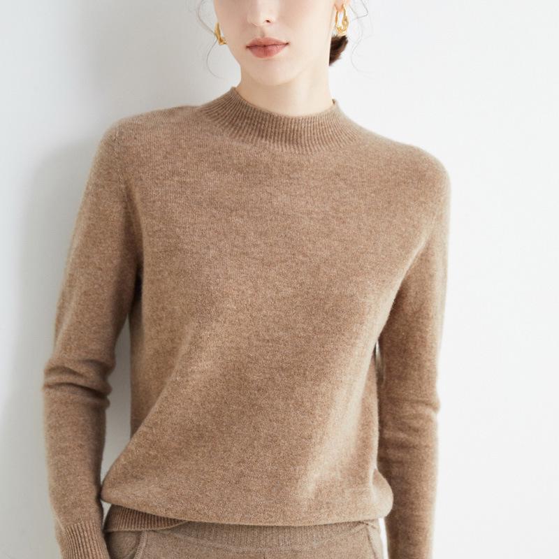 Women's Slim-Fit Autumn Sweater, Fashionable Half-High Neck, Versatile Pure Wool for Layering or Outerwear, Skin-Friendly.