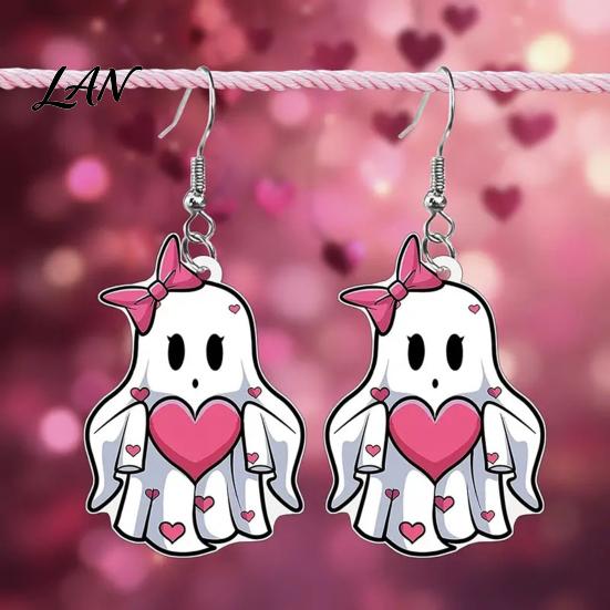 Easy to Wear Earrings Pink Heart Ghost Earrings, Cute with Bow Drop Halloween Jewelry Lightweight Acrylic for Girls Women Non-oxidizing