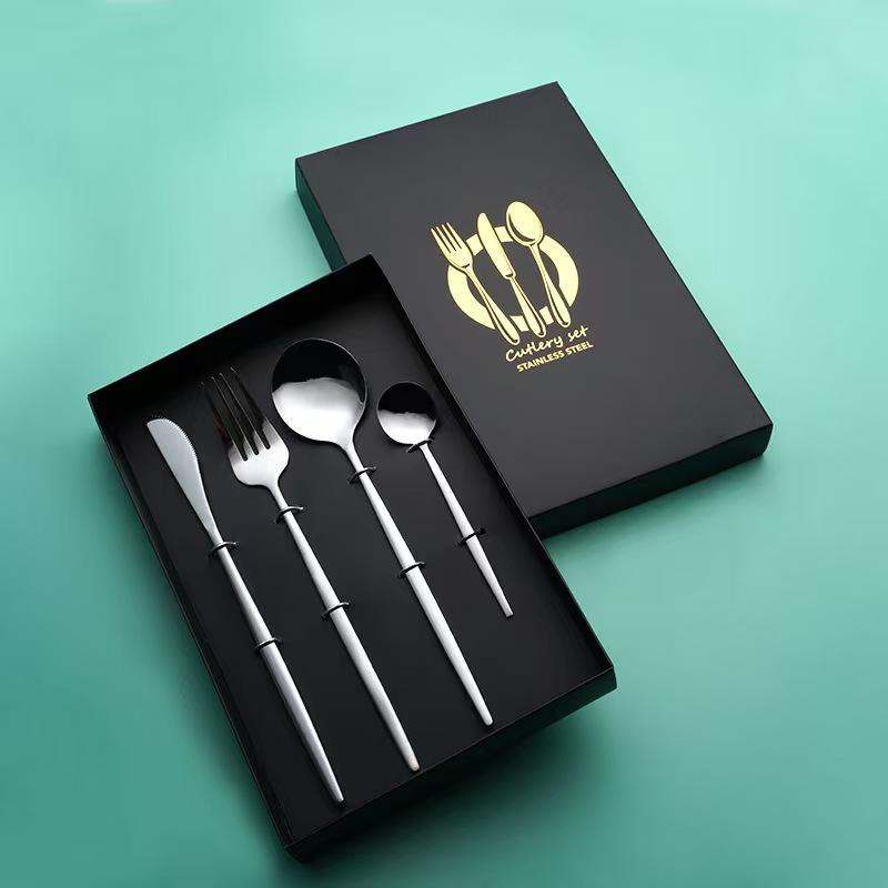 tableware 410 stainless steel, knife, table fork, table spoon, kitchen utensils, Portuguese-style, green and gold 4-piece set