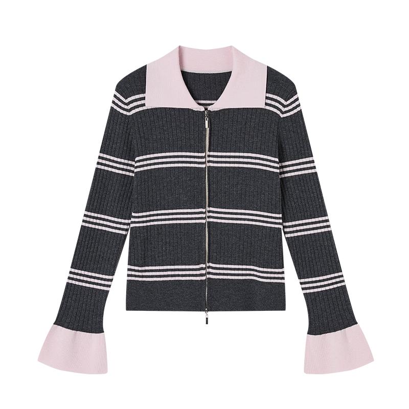 Women s Double Zipper Lapel Striped Knit Cardigan S