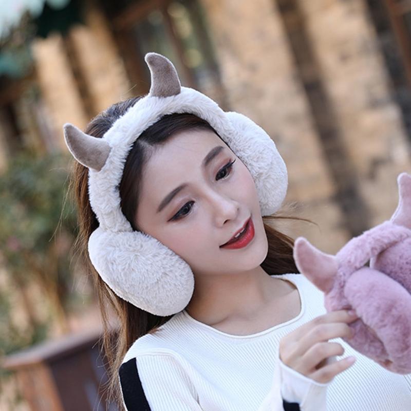 Ohrenschützer für Damen, süßes Lolipop-Muster, Ohrenschützer, Winter-Ohrenwärmer mit Hörnern, Kunstfell, verstellbar, faltbar