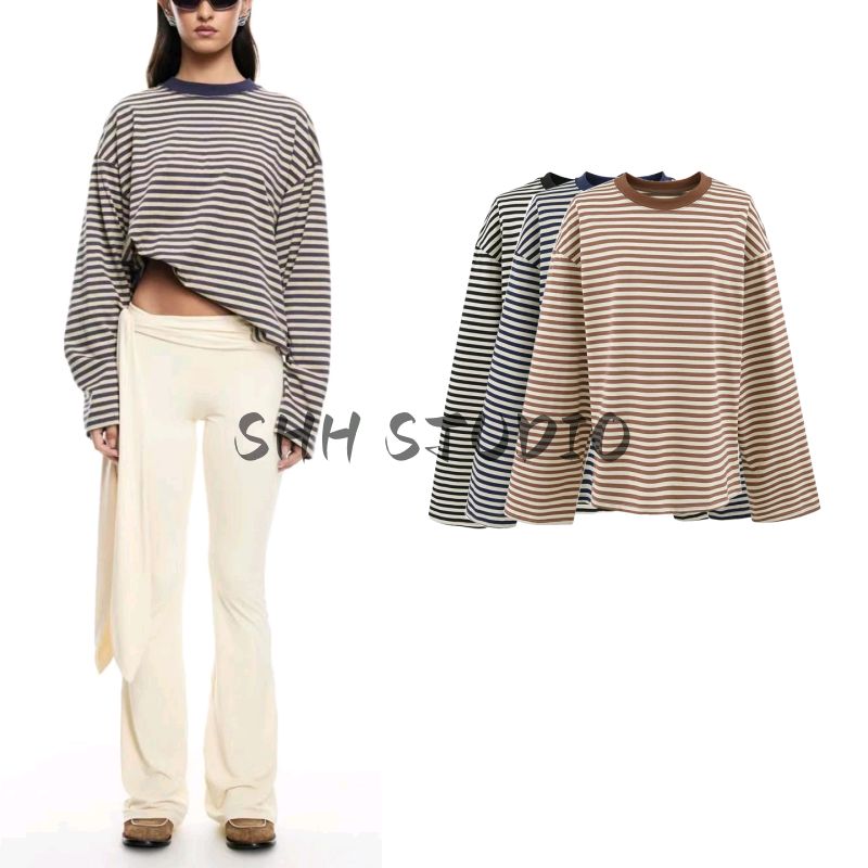 Summer New Product Women's Clothes French Lazy Style Round Neck Long Sleeves Contrast Color Stripes Casual Loose T-shirt Tops