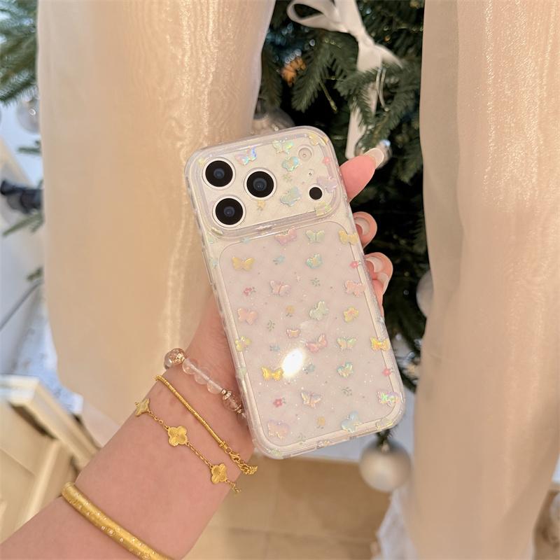 Kawaii Holographic Butterfly Glitter Clear Phone Case For iPhone 15 16 17 Pro Max INS Cute Large Window Shockproof Protective Co