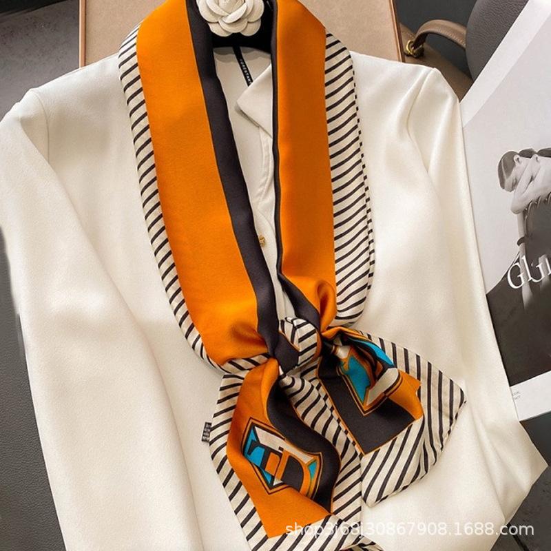 Long Silk Scarf Women's New Small Silk Scarf Printing Simulation Silk Tied Bag Streamer Explosion Sweet Little Scarf