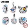 WOSTU Real 925 Sterling Silver Flower Butterfly Garden Charms Beads Heart Pendants Fit Original DIY Bracelet Necklace Jewelry