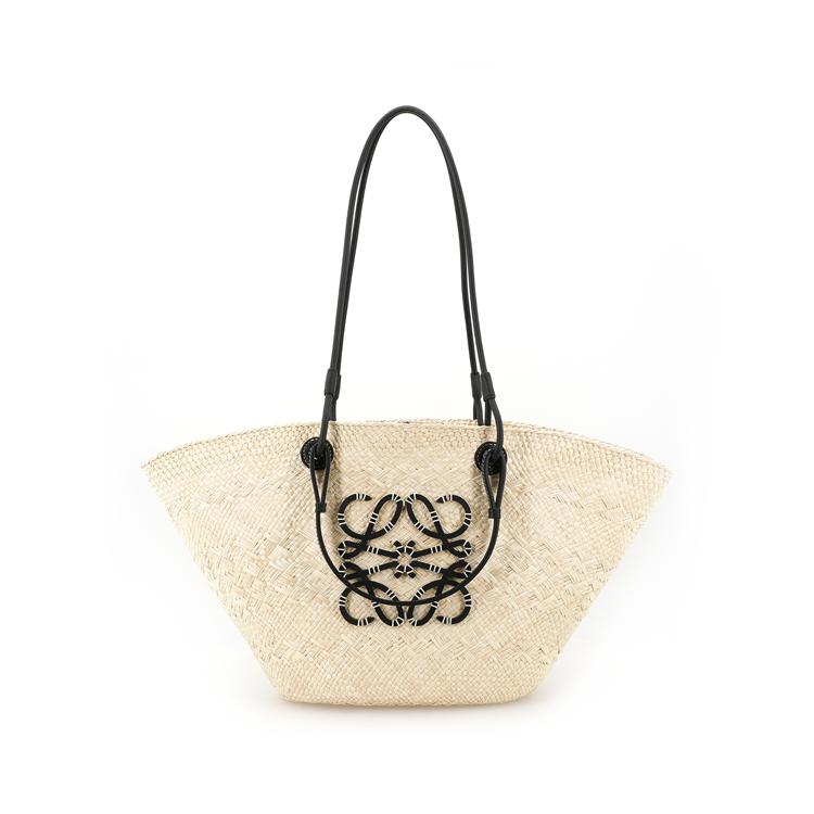 Loewe Basket Woven Resort Style Palm Fiber And Leather Tote Bag Medium Women Handbags Beige Black A223T43X02-2165