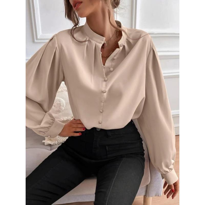 VEZFAA Damenmode Casual Frühling Herbst Einfarbig Druck Langarm Halb Rollkragen Blusen & Hemden