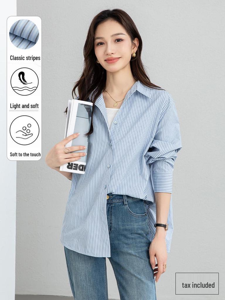 Yi Fei 2026 Spring Women's Striped Cotton Long-Sleeve Shirt: Casual, Versatile, and Slimming