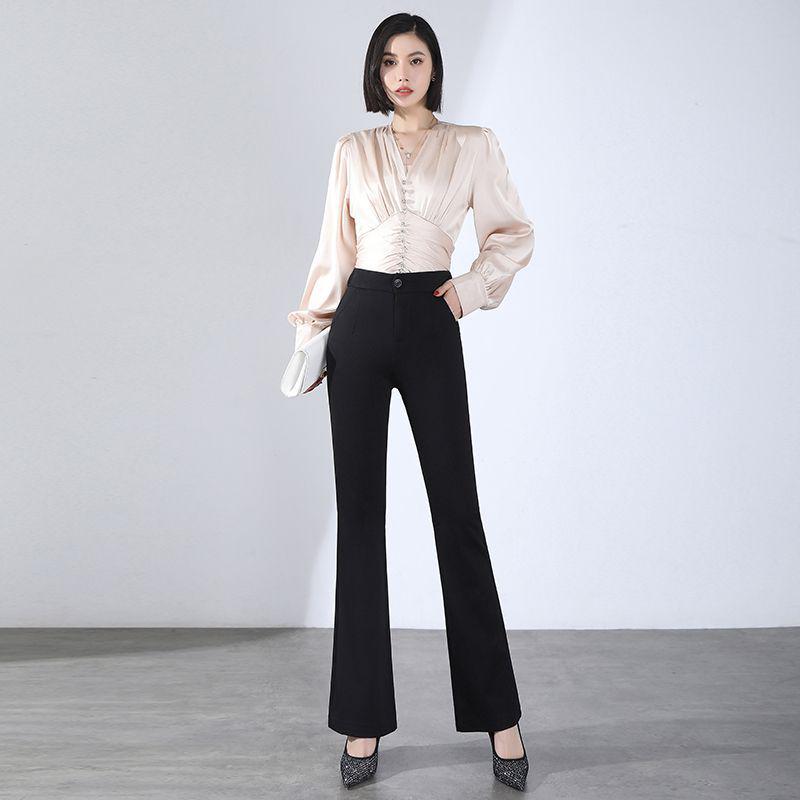 Women's High Waist Black Flared Trousers - Slimming Micro Flare Suit Pants for Spring & Autumn