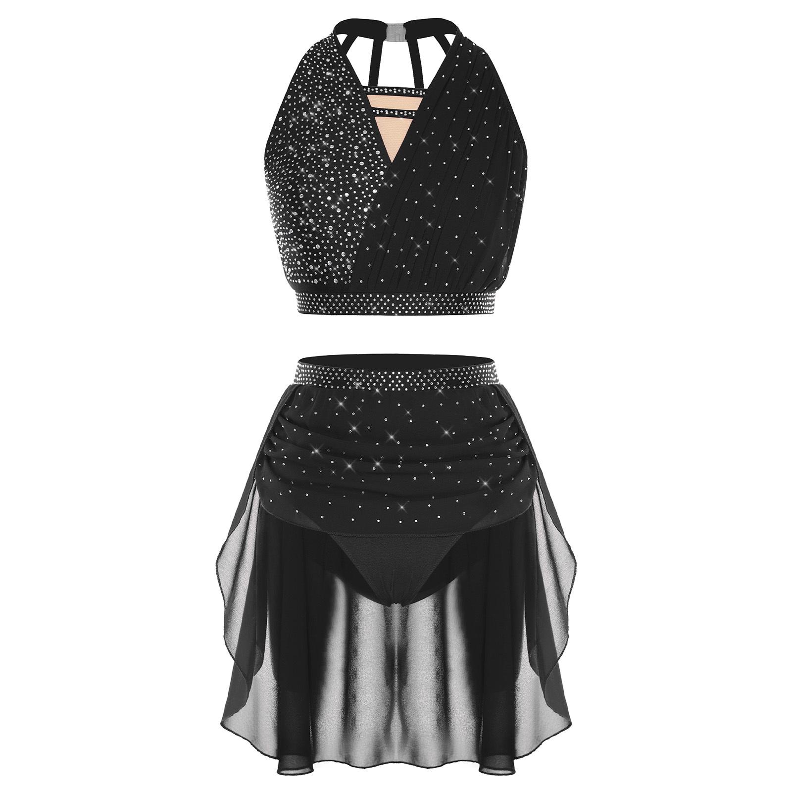 

Жіночий костюм для ліричного танцю Без рукавів Халтер Зі зборками Кроп-топ з нерівним подолом Вбудовані трусики Костюм зі стразами XXL чорний
