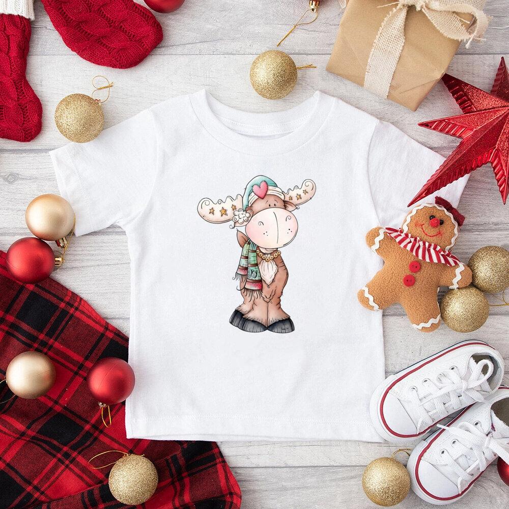 Juletrøyer for barn Hjort Snømann med T-skjorte Bomullstopper Gutter Jenter Julefestantrekk Barn Ferie T-skjorte