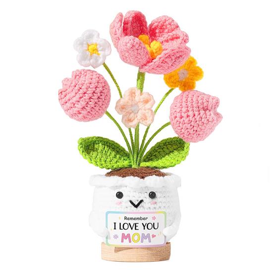 Regalos de Agradecimiento Positivos de Ganchillo Tulipán Flor Silvestre para Mujeres Mamá Amigas Muñeca de Flor en Maceta Hecha a Mano con Tarjeta Regalo de Apoyo Emocional para el Día de la Madre