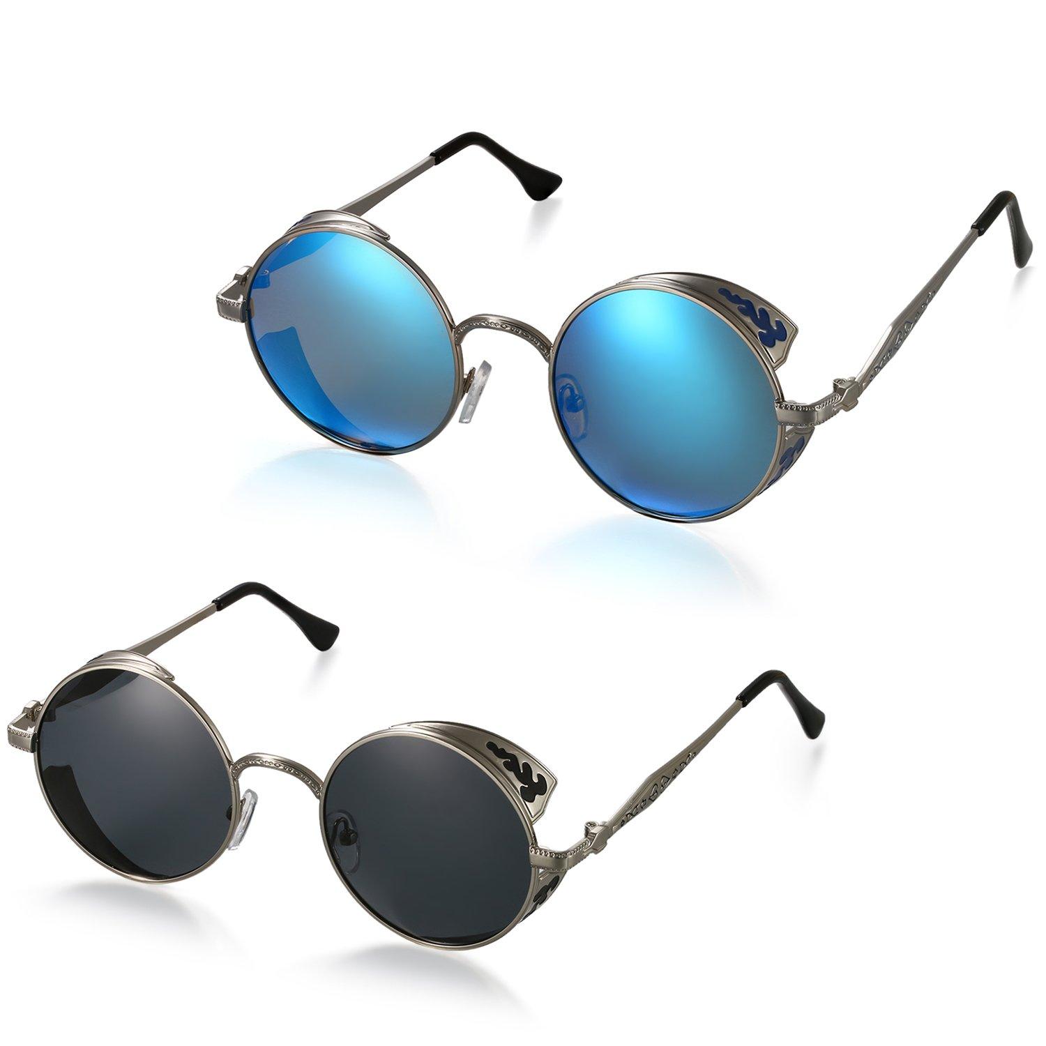 

[Aroncent] Polarized Sunglasses for Men & Women (2-Piece Set) Round Sunglasses, Photochromic Lenses, Retro Rock Style, Simple Design, BlueGray. Men s
