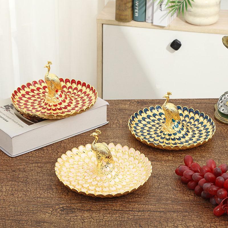 Luxury Golden Peacock Fruit Tray, Palace Banquet Dining Table Snack Cake Food Storage Salver, Holiday Wedding Decoration Props