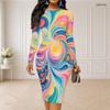 Women Plus Size Round Neck Long Sleeve Printed Gradient Bodycon Midi Dress