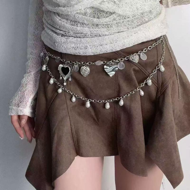 Double Layer Heart Pearl Waist Chain Vintage Silver Metal Belly Chain For Women Y2K Skirt Pants Accessory