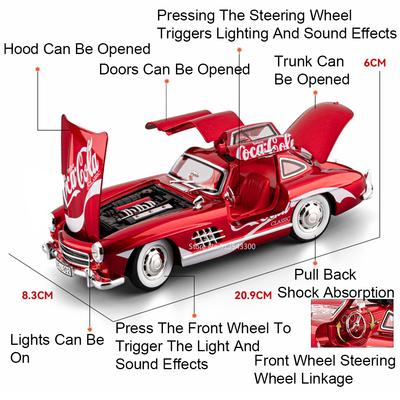 1:24 Scale 300SL 500K Vintage Car Toy Model Alloy Body Doors Opened Music Light Pull Back Vehicles Models Kids Hobby Gifts