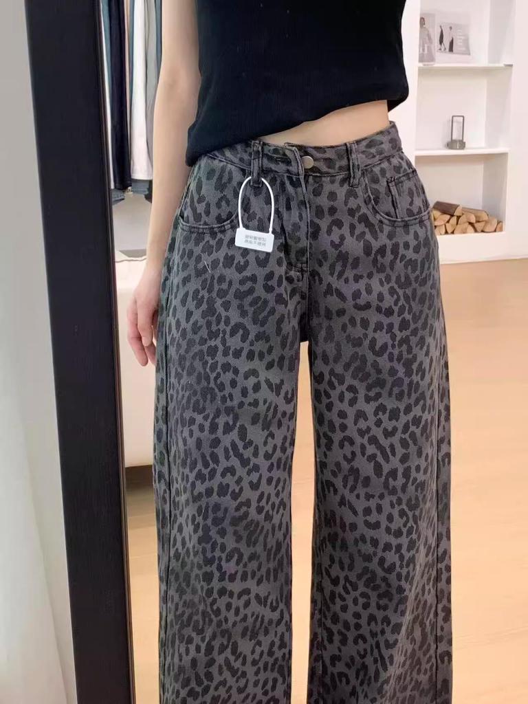 Autumn Plus Size Leopard Wide Leg Jeans for Pear-Shaped Women
