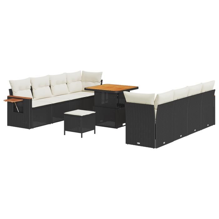 Ensemble de canapé de jardin 11 pièces avec coussins noir Poly Rattan Acacia, Ensemble de salle à manger de jardin 3 pièces 3365095