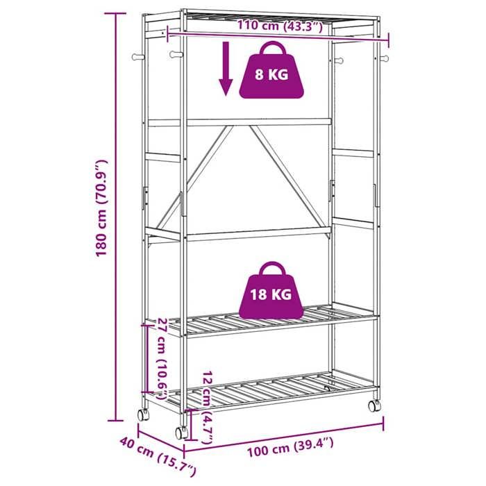 VidaXL Clothes Rack and Shelves and Wheels 110x40x180 Cm Bamboo, Coat Rack, Coat Rack with Shelf, 4008923
