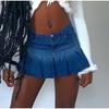Fashion Denim Pleated Skirt Women High Waist Button Zipper Pocket Ruffle A-line Sexy Mini Skirts Female 2025 Spring Summer Lady Skirt