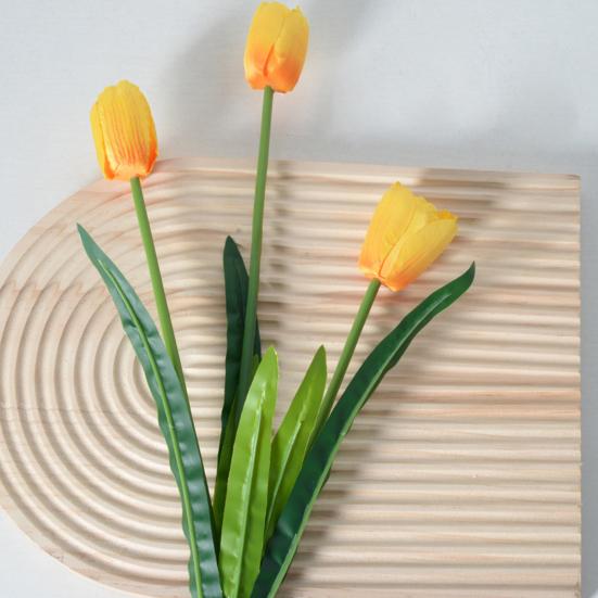 Artificial Flowers 3-Head Silk Tulip Bouquet with Bendable Iron Wire Stem Faux Floral Arrangement Wedding Decorations Photography Props