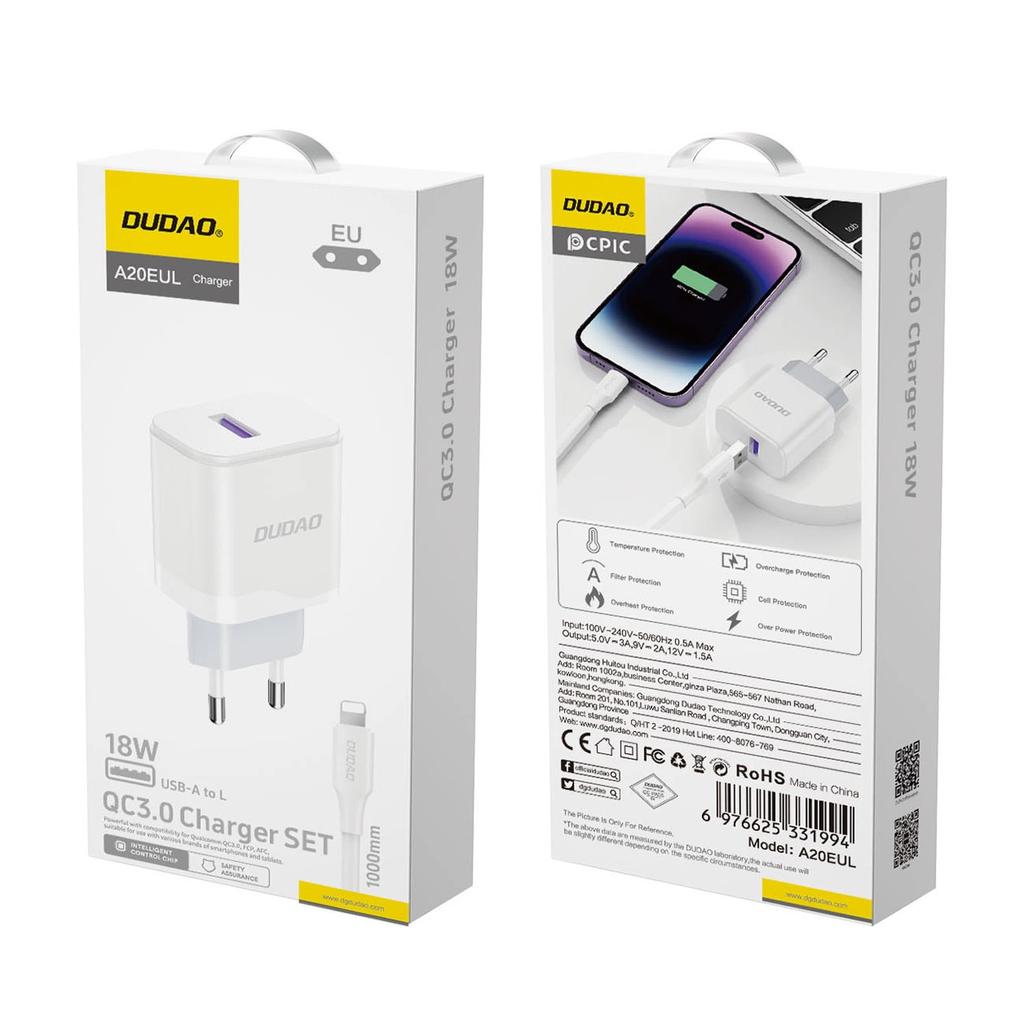 Ładowarka Dudao A20Eu Sieciowa Usb-A 18W - Biała + Kabel Usb-A - Lightning