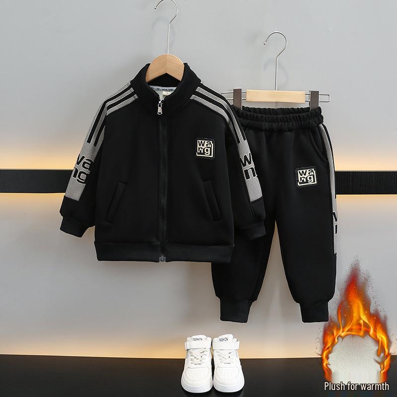 Boys' Trendy Fleece-Lined Zip-Up Cardigan & Pants Set for Autumn and Winter
