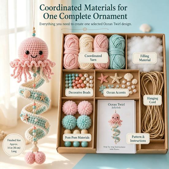 Decorative Pendant Making Kit Ocean Animal Spiral Crochet Kit, DIY Coastal Hanging Ornament Beginner Craft for Adults with Yarn And Accessories Teens,