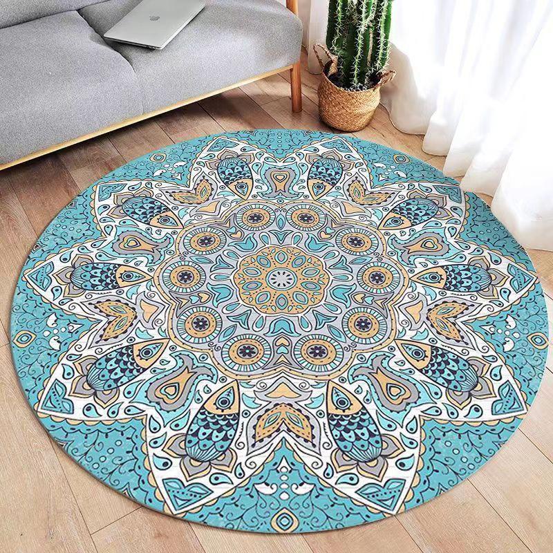 Flower Print Round Carpet Ethnic Coffee Table Anti-slip Rug Retro Home Decor Mat for Living Room Bedroom Study Terrace Area