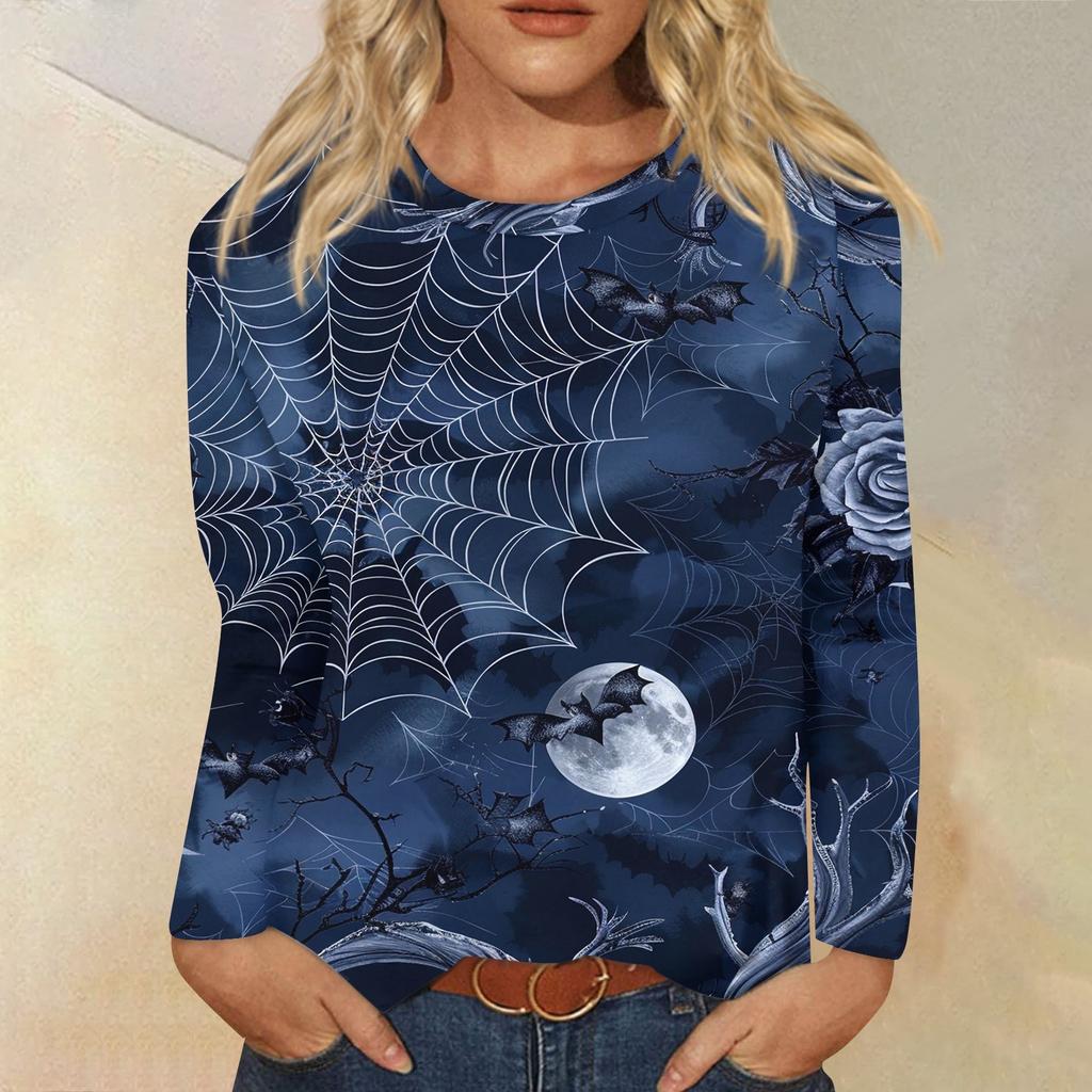 Modisches, lässiges Langarm-Oberteil mit Rundhalsausschnitt und Halloween-Print für Damen